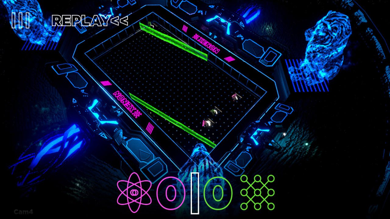 A Laser League arena seen during a replay, with glowing green laser walls and pink and green teams.